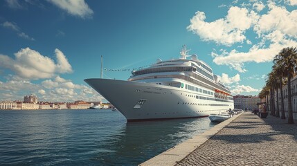White Cruise Ship Docked at a City Harbor