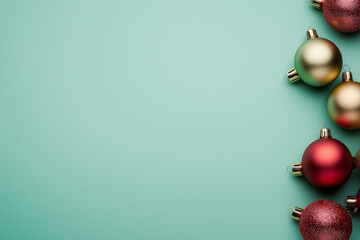 Christmas background with red, gold, and glittery ornaments on green backdrop. Festive holiday decoration for seasonal greeting cards or invitations.