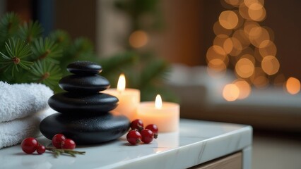 New Year's spa decoration for a spa salon. Spa stones and aroma candles on a festive New Year's background with a garland and a spruce branch.