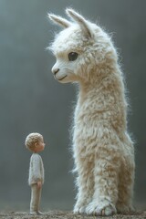 Fototapeta premium A small boy stands before a giant white alpaca.