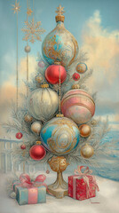 Vintage christmas tree and gifts on the street.