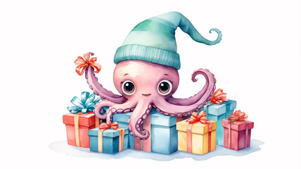 Cute watercolor octopus character sitting on xmas gifts. Digital illustration isolated on white background. 