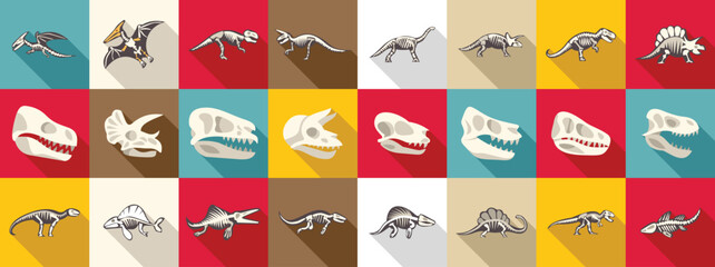 Dinosaur skeleton icons set. Dinosaur skeletons and skulls icons set featuring many prehistoric animals like the tyrannosaurus rex and the triceratops © anatolir