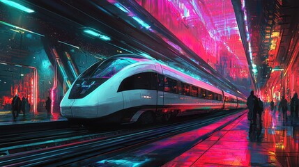Fototapeta premium Futuristic Train Arriving in a Neon-Lit City
