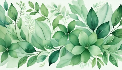 Fototapeta premium Delicate Watercolor Patterns in Shades of Green Resembling Leaves and Flowers on White Background