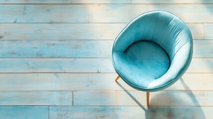 Stylish light blue chair on floor, top view. Space for text. Modern stylish light blue chair in a room with a stylish interior. Fashionable chair on the floor in the room. 
