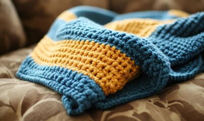 A knitted blanket with a blue stripe and a yellow stripe