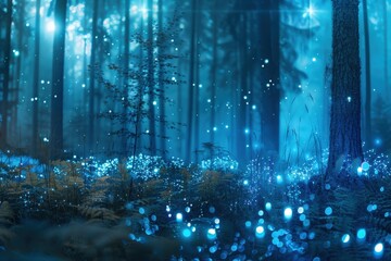 Fototapeta premium A forest with blue lights shining on the trees,generative ai image