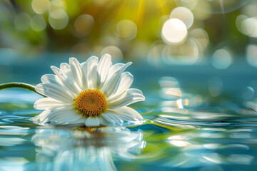 A white flower is floating on the surface of a body of water