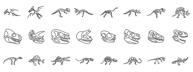 Dinosaur skeleton icons set. Dinosaur skeleton poses in different positions are representing anatomy structure of extinct predators for paleontological science
