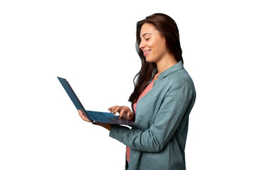 Portrait of a young woman holding a laptop in her hands
