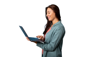 Portrait of a young woman holding a laptop in her hands