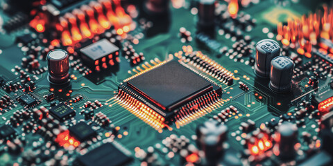 Close-up of a microchip on a circuit board illuminated by warm LEDs in a high-tech setting showcasing advanced electronics design