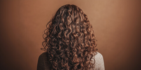 Curly hair displayed from the back against a warm brown backdrop in a cozy indoor setting