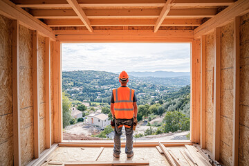 Fototapeta premium A construction worker in a helmet looks at the wooden framework of a house under construction. A symbol of building, labor, and creating new housing.