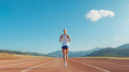 Obraz premium Woman running on track in scenic mountain landscape under blue sky