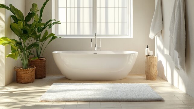 This bathroom features a stylish interior with a soft bath mat and a tub. The room has a clean, modern look with white walls and a tiled floor. The tub is a deep soaking tub