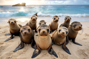 Fototapeta premium A group of baby seals are laying on the beach