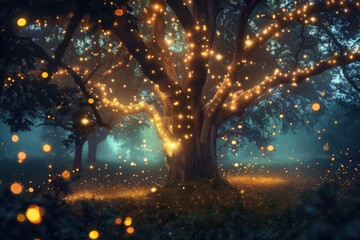 Naklejka premium A forest with glowing lights on the trees, generative ai image