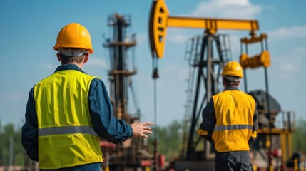 Two workers in safety gear oversee oil drilling operations on a bright day