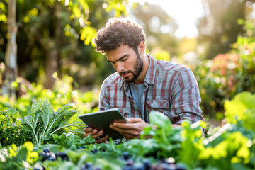 A farmer with a tablet checks his crops in the field. A symbol of digital technologies in agriculture and the implementation of smart solutions for farm management.