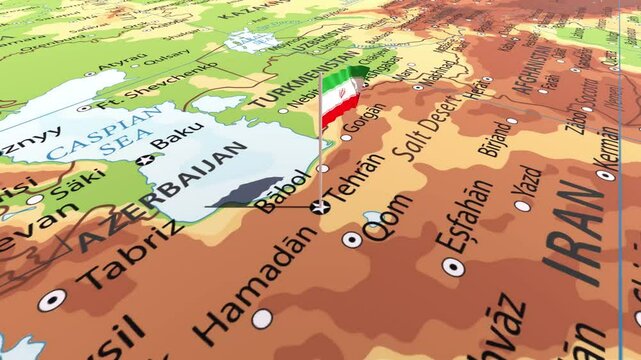 iran flag waving on the map