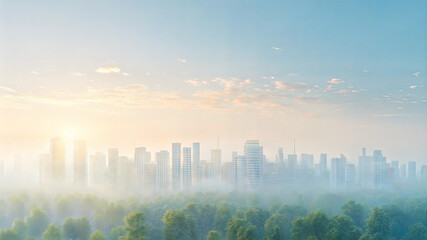 Fototapeta premium Misty morning urban skyline over green forest landscape