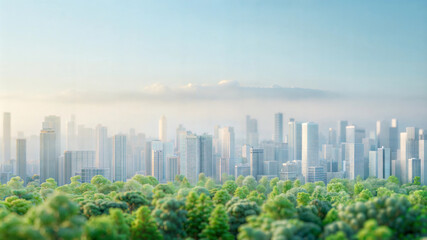 Obraz premium Ecofriendly urban skyline with lush greenery and misty horizon