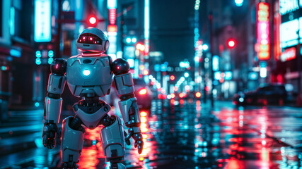 Futuristic robot exploring neonlit urban streets at night