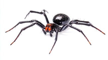 Obraz premium A black widow spider with red markings on its abdomen is isolated on a white background.