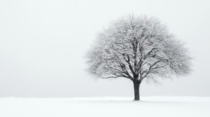 Fototapeta premium A lone tree stands tall in a snowy field, its branches reaching towards a cloudy sky.