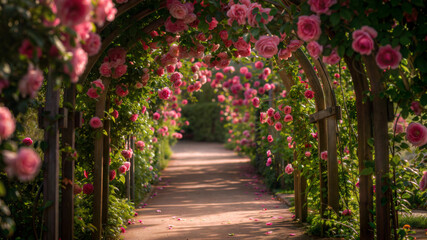 Fototapeta premium Enchanting rose garden archway a blooming pathway in full blossom