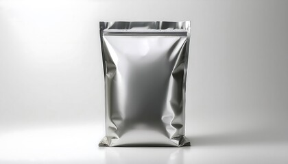 Blank silver foil bag standing upright against a clean white background for packaging and branding design purposes. Generative AI