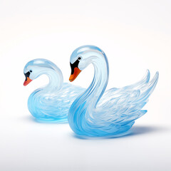 Obraz premium Pair of blue glass swan sculptures on white background