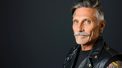 Obraz premium a rugged 60-year-old biker with salt-and-pepper mustache and tattoos, leather jacket