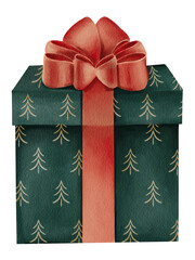 Watercolor gift box with red ribbon bow. Textured watercolor drawing on a white background. Christmas realistic illustration. Perfect for cards, Christmas decor. Hand drawn. 