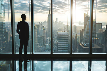 Business man in suit in office looking at modern city with skyscrapers through panoramic window, sunrise - Powered by Adobe