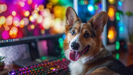 Corgi dog in vibrant gaming setup with colorful bokeh lights