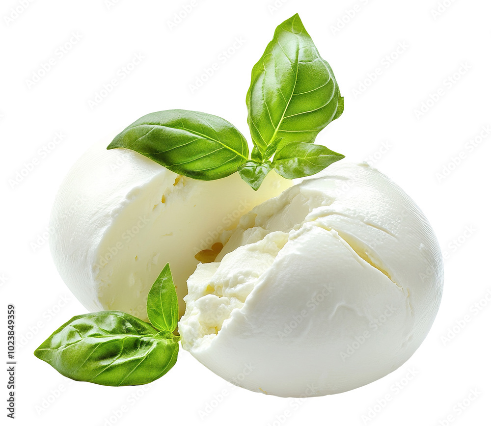 Wall mural Delicious mozzarella cheese with basil leaves, isolated on transparent cutout background