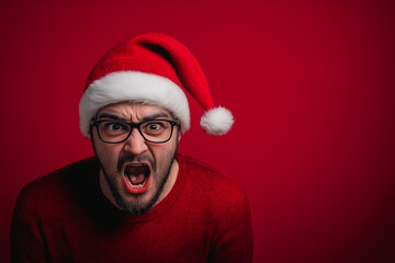 Angry man in Santa hat screaming in frustration on red background. Humorous Christmas portrait perfect for funny holiday cards or advertising with seasonal humor.