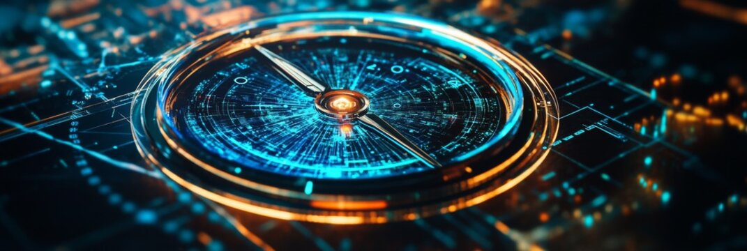 A futuristic digital compass with holographic display