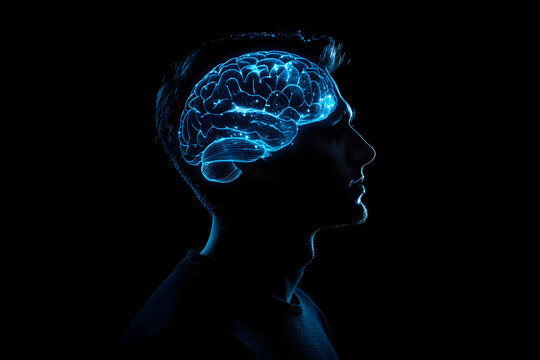 Head silhouette with brain linear illustration. Diseases and structure of the brain. 