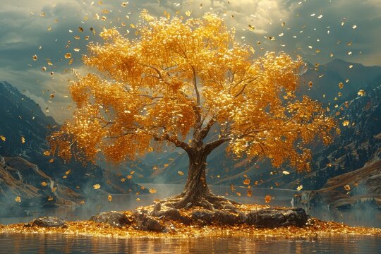 Majestic tree adorned in golden leaves, proudly showcasing autumn s vibrant colors