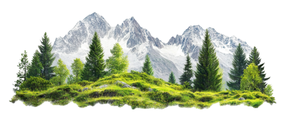 Scenic alpine view with greenery and mountains, isolated on transparent cutout background