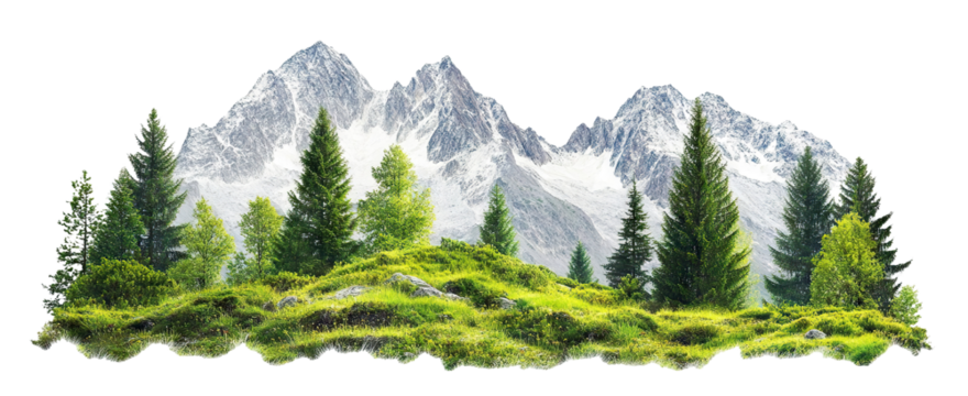 Scenic alpine view with greenery and mountains, isolated on transparent cutout background