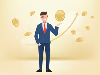 Businessman in uniform suit character Financial growth concept. Business, finance analysis. Growing income, increasing revenue, earnings, investment. illustration vector premium.