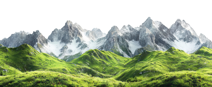 Scenic alpine view with greenery and mountains, isolated on transparent cutout background