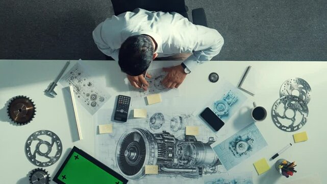 Top down view of skilled engineer writing and planning turbine engine design while sitting at meeting table with gear and electronic generator scatter around. Technician taking a note. Alimentation.