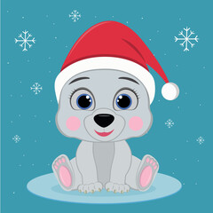 New Year's cartoon polar bear sitting on ice.