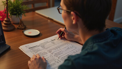 Naklejka premium Person filling out forms at a wooden table in a cozy indoor setting during the evening